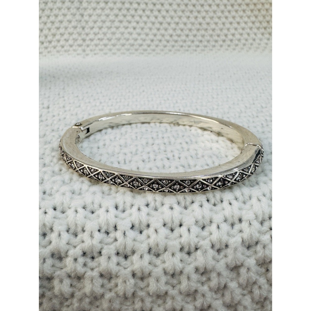 Brighton Silver Tone Rhinestone Lattice Hinged Bangle Bracelet 6.5"